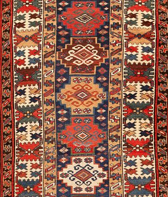 Antique Caucasian Kazak Runner Rug 13 ft 10 in x 3 ft 4 in (4.21 m x 1.01 m). Curated 