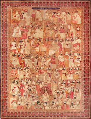 Antique Persian Kerman Mashahir Pictorial Rug circa 1900 - 12 ft x 9 ft 3 in (3.66 m x 2.82 m). 