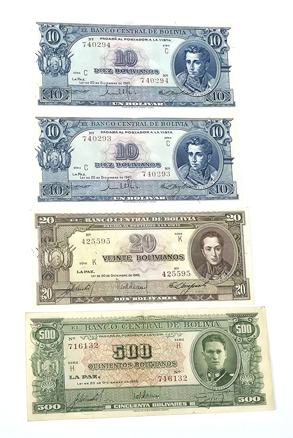 653/ לוט 4 שטרות בוליביה משנת 1945 . 20, 500 ו-2 שטרות של 10 Bolivianos 
במצבים מעולים AU/XF