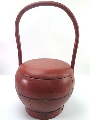 Antique Chinese Red Lacquer Wedding Basket. Antique Chinese red lacquer wedding basket standing 