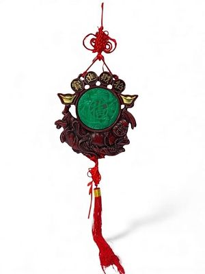 Chinese Knot With Jade-Style & Lucky Symbols. Chinese knot-style hanging ornament featuring a 