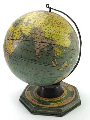 Vintage 1940s Replogle Tin Table Globe. A vintage 1940s Replogle tin globe featuring world 