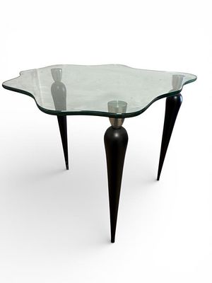 Gilbert Rohde Style Glass Top Side Table. Gilbert Rohde style side table featuring a uniquely 