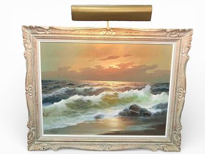 MCM Signed Seascape Oil Painting W/ Light. Mid-century modern seascape oil painting signed by 