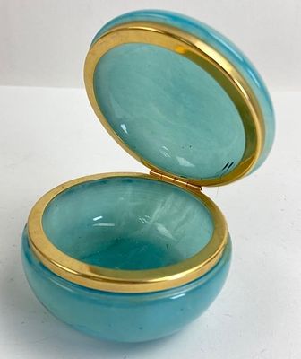 Italian Alabaster Hinged Box With Brass Trim. Turquoise-colored round hinged trinket box made of 