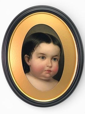 Antique Portrait Of Child In Oval Frame. Antique painting featuring a portrait of a child in an 