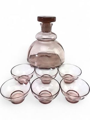 Art Deco Style Rose Tinted Glass Decanter Set. A vintage rose-tinted art glass beverage set 