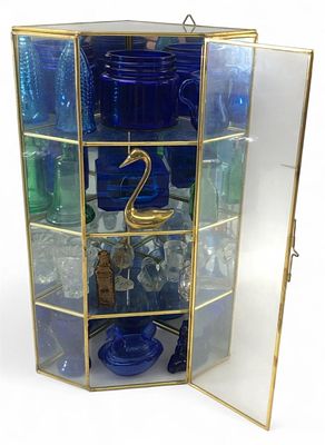 VTG Brass & Glass Corner Cabinet w/ Miniatures. Vintage brass and glass mirrored corner display 