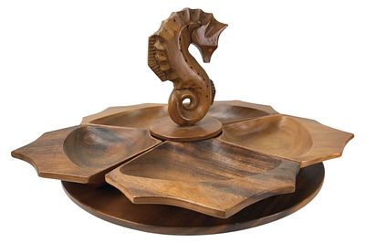 Philippine Monkey Pod Wood Seahorse Lazy Susan. Vintage carved monkey pod wood lazy susan 