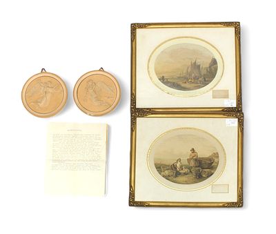 A pair of 19th century Danish terracotta circular plaques, one moulded in relief with Cupid and 