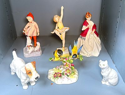 Four Royal Worcester figures 'Tuesday's Child,' 'November,' 'First Dance,' and Cat candle 