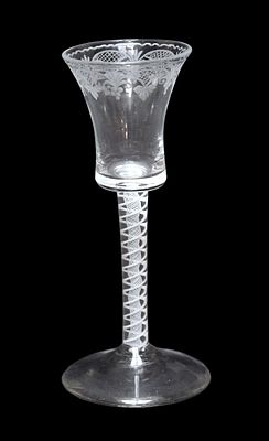 A mid 18th century English wine glass with waisted bucket bowl etched and cut with a band of 