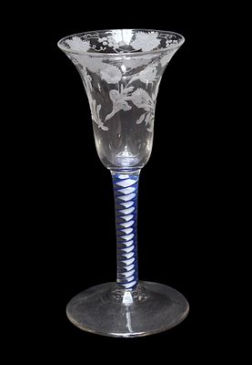 A mid 18th century English wine glass with bell-shaped bowl cut and etched with grapevines, on 