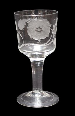 A mid 18th century English glass goblet, of possible Jacobite interest, with bucket-shaped bowl 