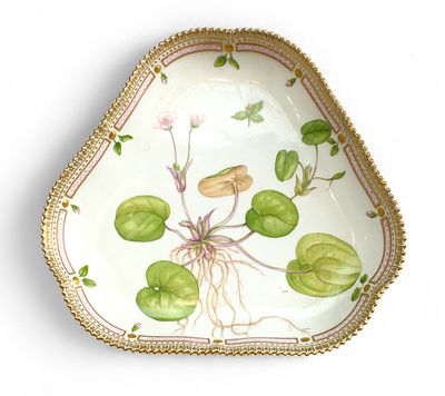 A Royal Copenhagen porcelain 'botanical' dish of trefoil form with crenellated gilt rim 