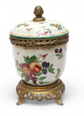 A white crackle glaze porcelain urn and cover by United Wilson, hand painted with fruiting 