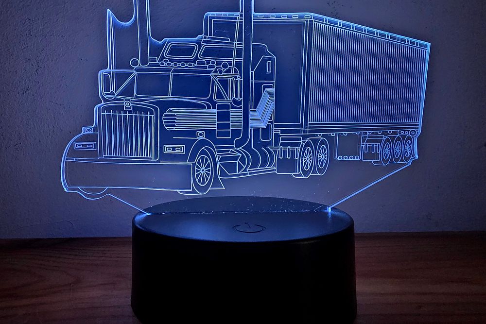 3D Optical Night Light - Semitrailer truck. The lamp creates a 3D illusion by laser engraving on