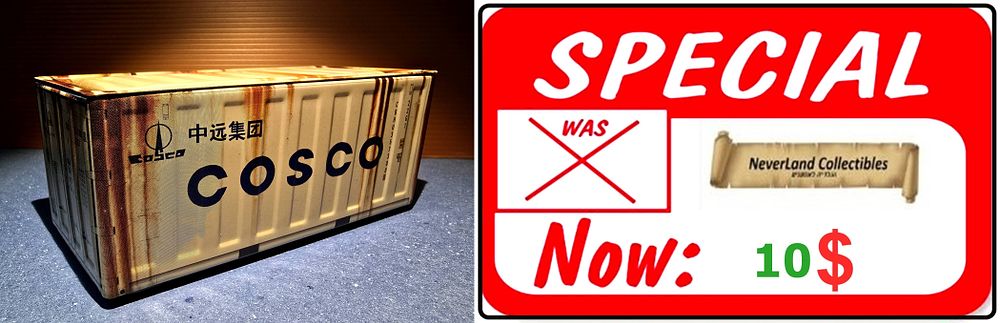 Miniature metal sea container - Chinese company COSCO. The container opens with a top lid and 