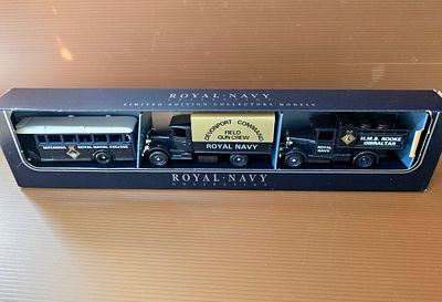 A Royal Navy box containing 3 mechanical models from the Lledo company, rare metal models made 