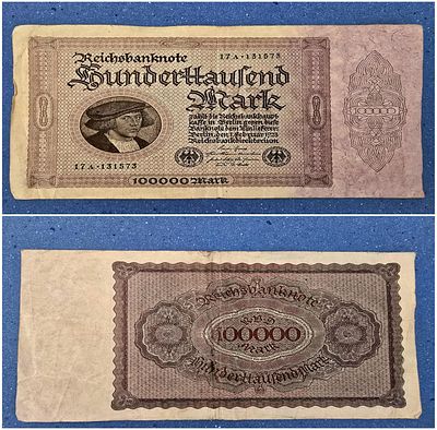 German Reichsbank 100,000 Mark note from 1923. Rare collector's item