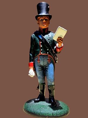 Cast metal figurine of a Napol&eacute;on Bonaparte soldier from 1809 made by DelPrado. A quality item 