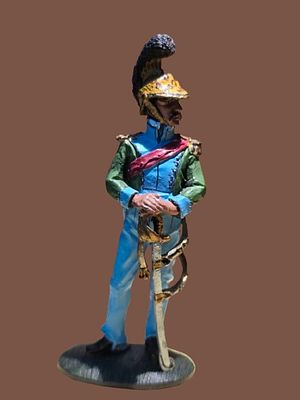 Cast metal figurine of a Napol&eacute;on Bonaparte soldier from 1809 made by DelPrado. A quality item 