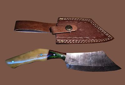 A handmade hunting knife made of Damascus steel, including a special deer bone handle. Includes 