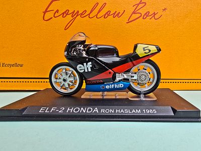 A high-quality collector's model of the ELF-2 Honda racing motorcycle, ridden by Ron Haslam in 