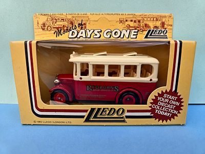 Collectible model of a "Redburns" motor service bus. Produced by Lledo as part of the "Days 