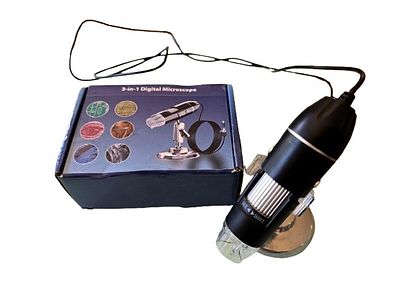 3-in-1 digital microscope designed to connect to a computer or smartphone via USB. 