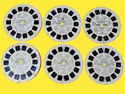 A collection of vintage View-Master viewing discs.
The discs contain series of 3D 