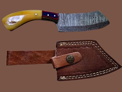 A handmade hunting knife made of Damascus steel, including an animal bone handle and a genuine 