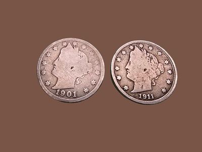 Two original "Liberty Head Nickel" coins from the United States. The coins feature a portrait of 