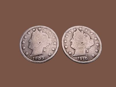Two original "Liberty Head Nickel" coins from the United States. The coins feature a portrait of 