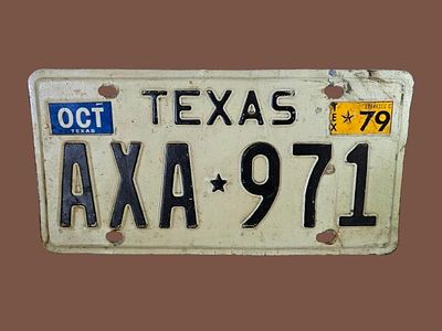 Original vintage metal license plate from the state of Texas in the United States from 1979. Ave 
