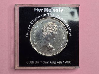 A British "Crown" coin from 1980, issued to commemorate the 80th birthday of the Queen Mother 
