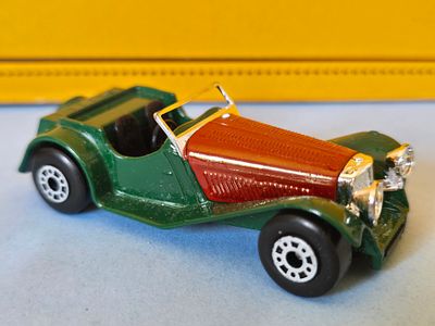 A collectible diecast model of the Matchbox Jaguar SS100. Diecast metal body, approximately 8 