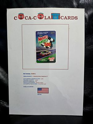 A branded trading card, centered around a card commemorating the Mello Yello 500 race that took 