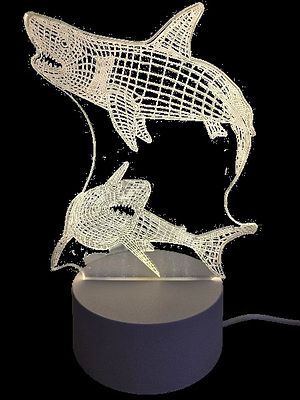 3D Optical Night Light - Pair of Sharks. The lamp creates a 3D illusion by laser engraving on a 