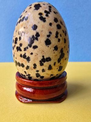 Natural Dalmation Jasper Gemstone Sculpted in the Shape of an Egg. Includes display base. 
The 