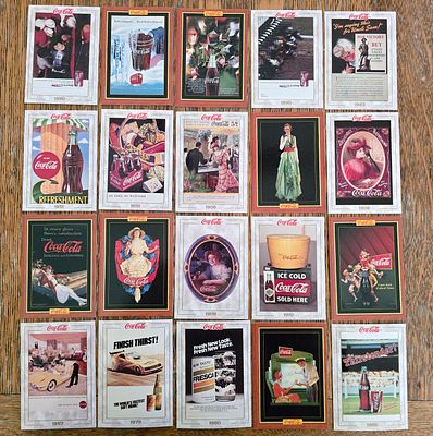 Coca-Cola Company Card Collection. The cards depict advertising scenes from the founding of the 