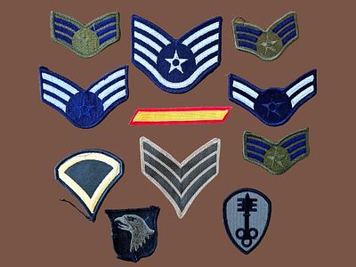 A collection of ranks and embroidered patches belonging to various branches of the United 