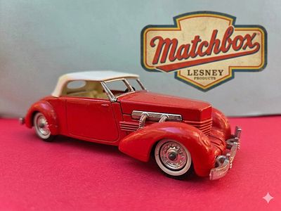 A collectible Matchbox model from the "Models of Yesteryear" series representing a 1937 Cord 