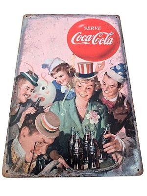 A decorative metal sign designed in a vintage style featuring an advertisement from the 1940s 