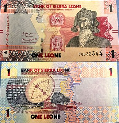 A 1 leone banknote from Sierra Leone, issued in 2022. The banknote features a portrait of Bai 