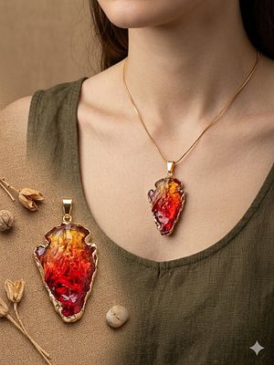 A crystal pendant designed in the shape of an ancient Neolithic arrowhead. Gold-plated metal 