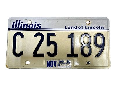 Original vintage metal license plate from the state of Illinois in the United States from 1996. 