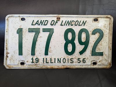 An original vintage metal license plate from 1956 from the state of Illinois, USA, featuring 