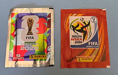 A pair of sticker packs of historical and future football tournaments. The right package is from 