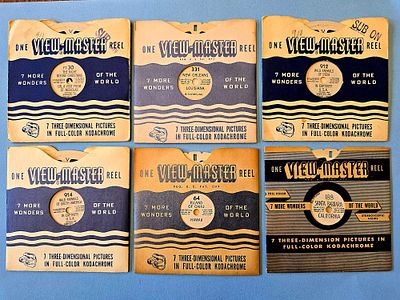 The image shows a collection of six original vintage View-Master Reels covers in a classic 
